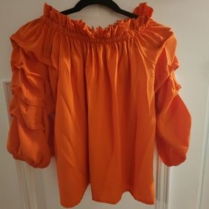 Orange off shoulders elastic neck blouse soft material 3/4 sleeves